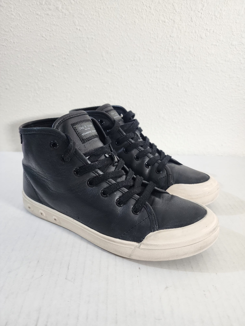 rag & bone Athletic High Top Sneakers Black Leather Lace Up Size 38.5
